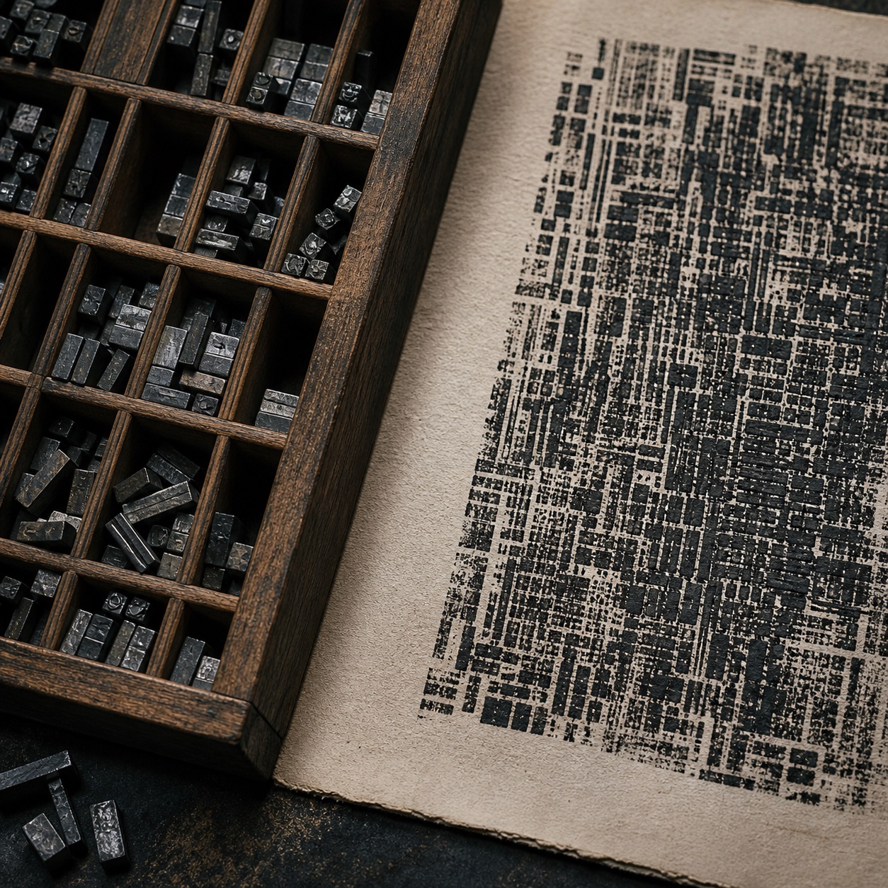 Interpretive visual study of a letterpress tray and printed marks