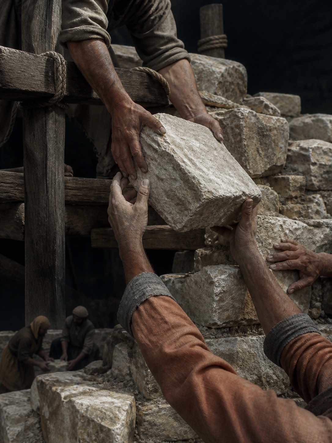 Interpretive visual of people rebuilding a stone wall